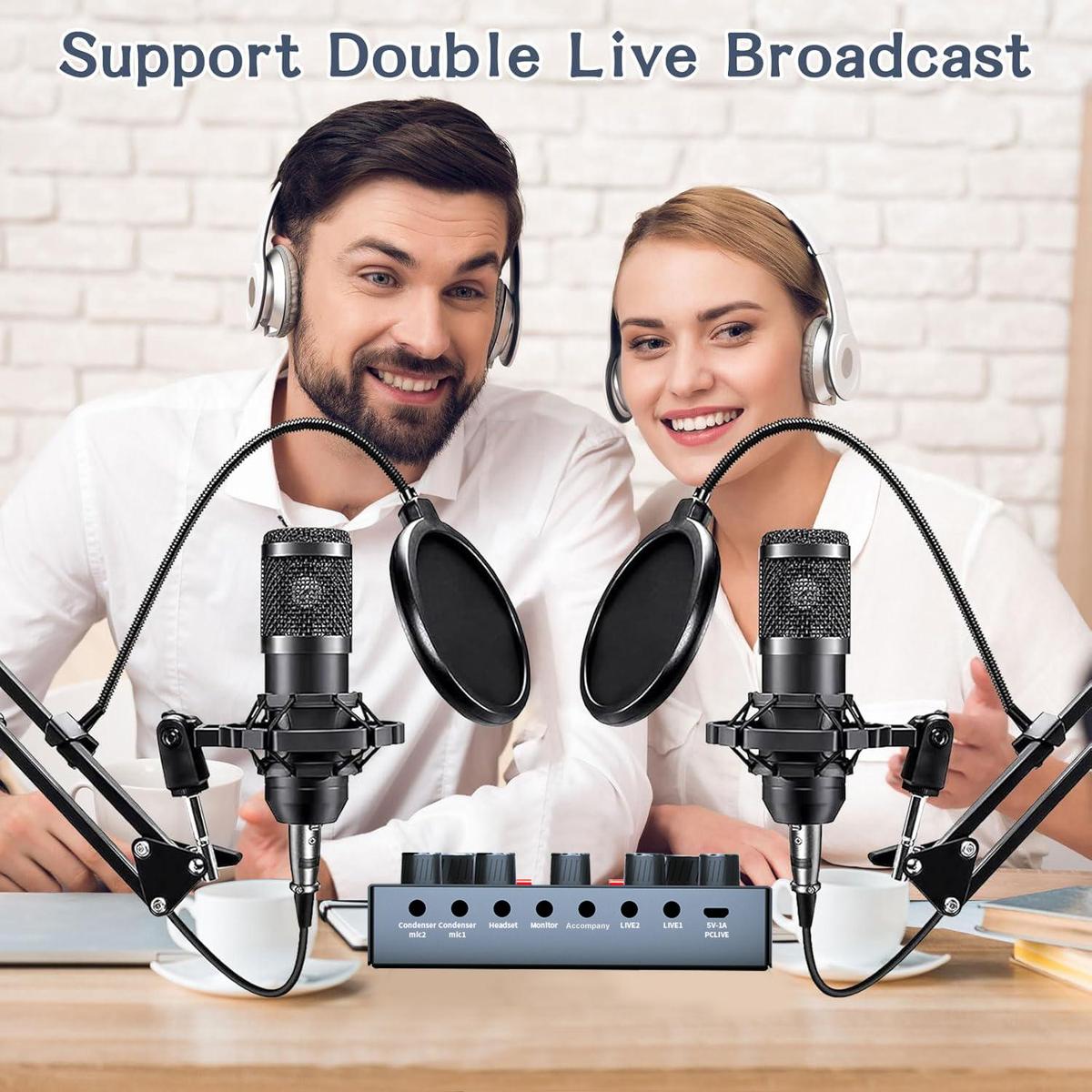 Professional Podcast Studio Equipment Kit, USB Rechargeable Condenser Microphone & Audio Interface & Sound Card & Audio Mixer, Live Streaming Equipment for YouTube & Twitch