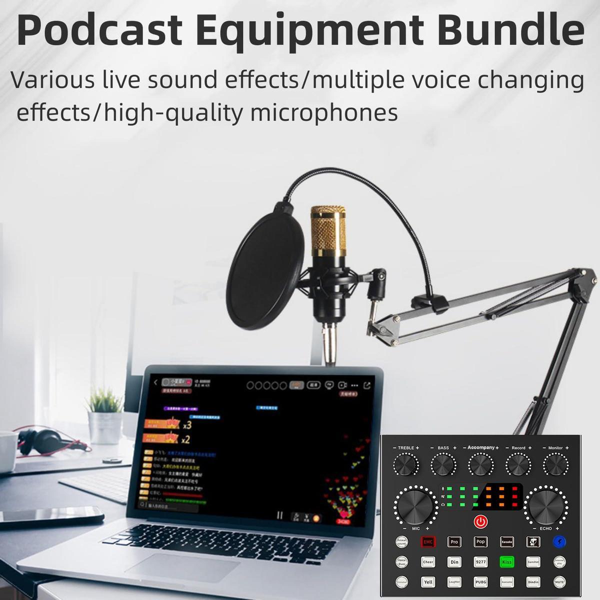 Professional Podcast Studio Equipment Kit, USB Rechargeable Condenser Microphone & Audio Interface & Sound Card & Audio Mixer, Live Streaming Equipment for YouTube & Twitch