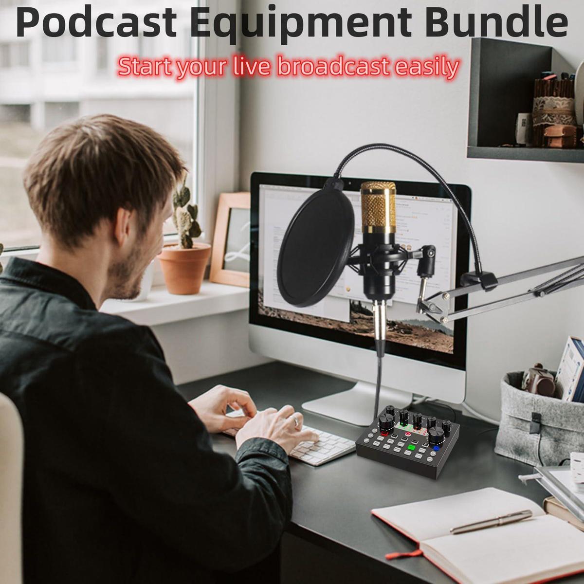 Professional Podcast Studio Equipment Kit, USB Rechargeable Condenser Microphone & Audio Interface & Sound Card & Audio Mixer, Live Streaming Equipment for YouTube & Twitch