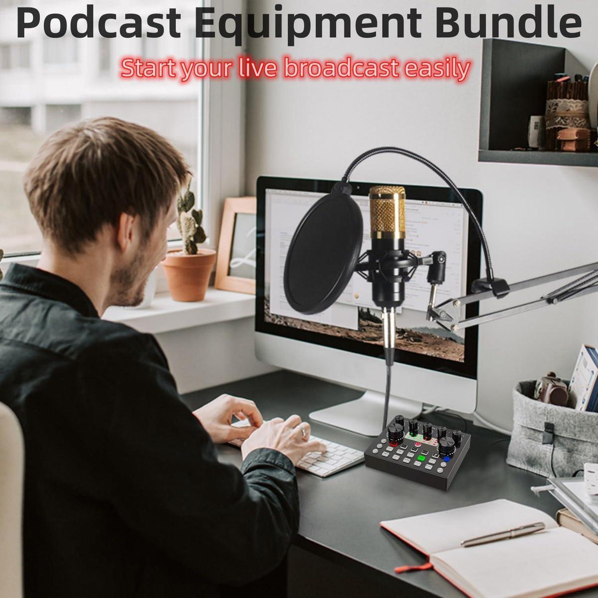 Professional Podcast Studio Equipment Kit, USB Rechargeable Condenser Microphone & Audio Interface & Sound Card & Audio Mixer, Live Streaming Equipment for YouTube & Twitch