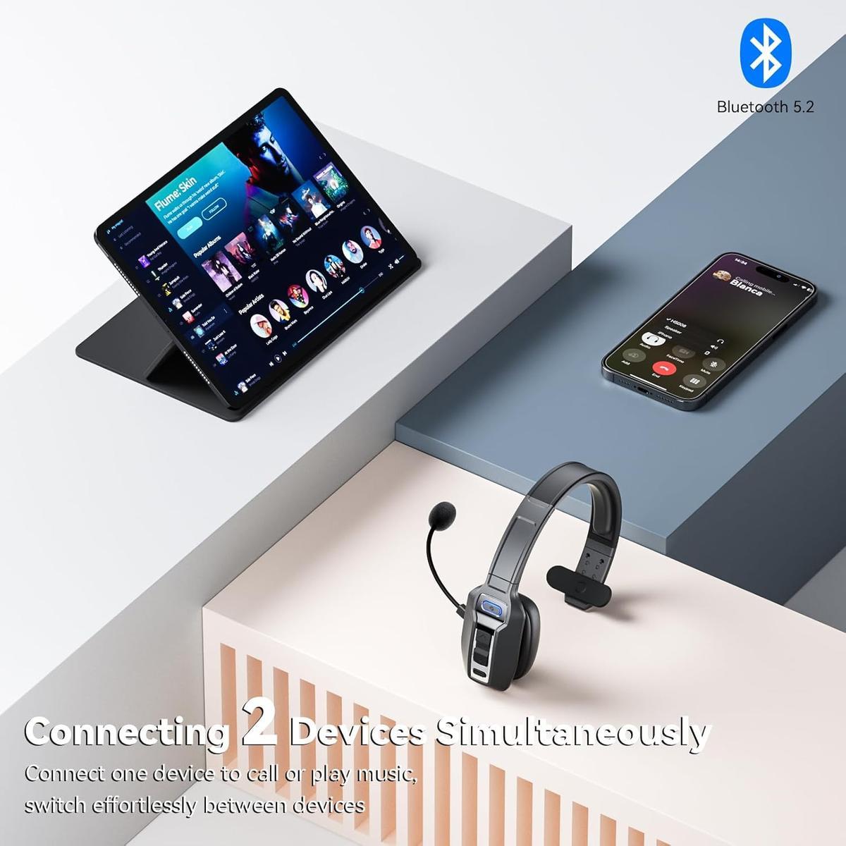 Bluetooth V5.2 Headset with AI Noise Cancelling Mic, 65-Hour Battery, Connect 2 Devices, Trucker Headset for Remote Work, Online Meetings and Business Travel
