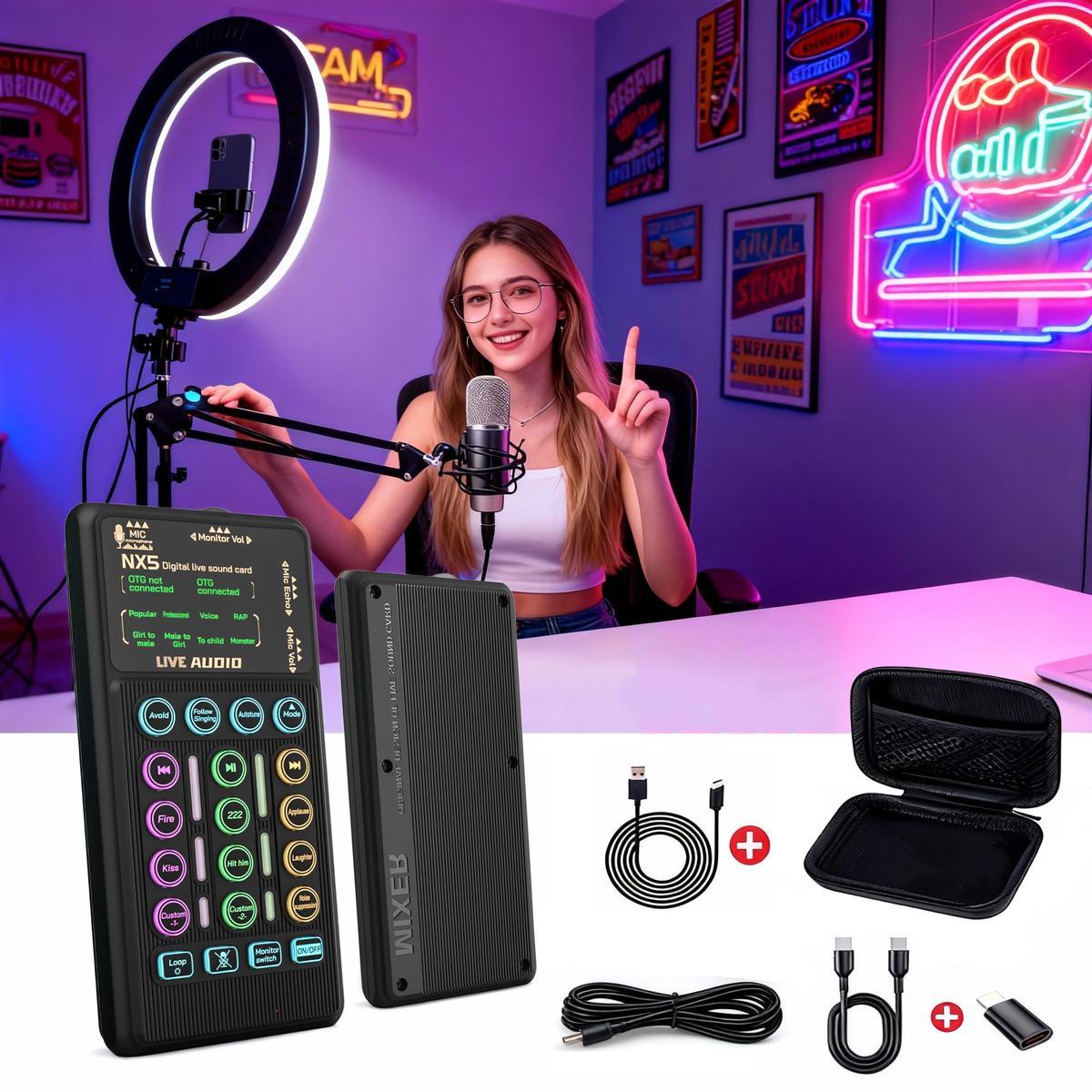 Live Sound Card Live Mixing Console With Voice Changer And AI Noise Reduction Bluetooth Audio Mixer equipment, for Outdoor, Gaming, Podcasting,Recording,Singing,Youtube Tiktok Blog Streaming