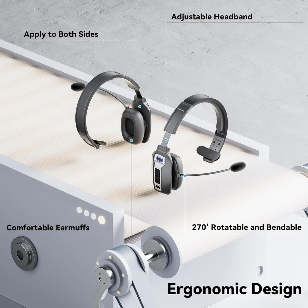 Bluetooth V5.2 Headset with AI Noise Cancelling Mic, 65-Hour Battery, Connect 2 Devices, Trucker Headset for Remote Work, Online Meetings and Business Travel