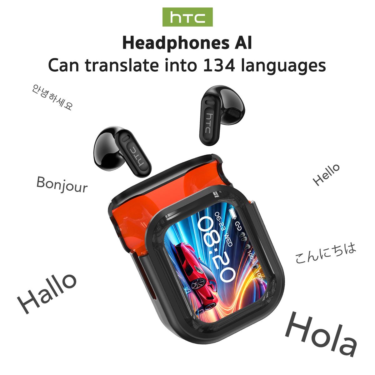 hTC AI Translation Wireless Earbuds,Translator 134 Languages Bluetooth Headphones,LCD Full Color Display Screen Charging Case Ear Buds with MIC