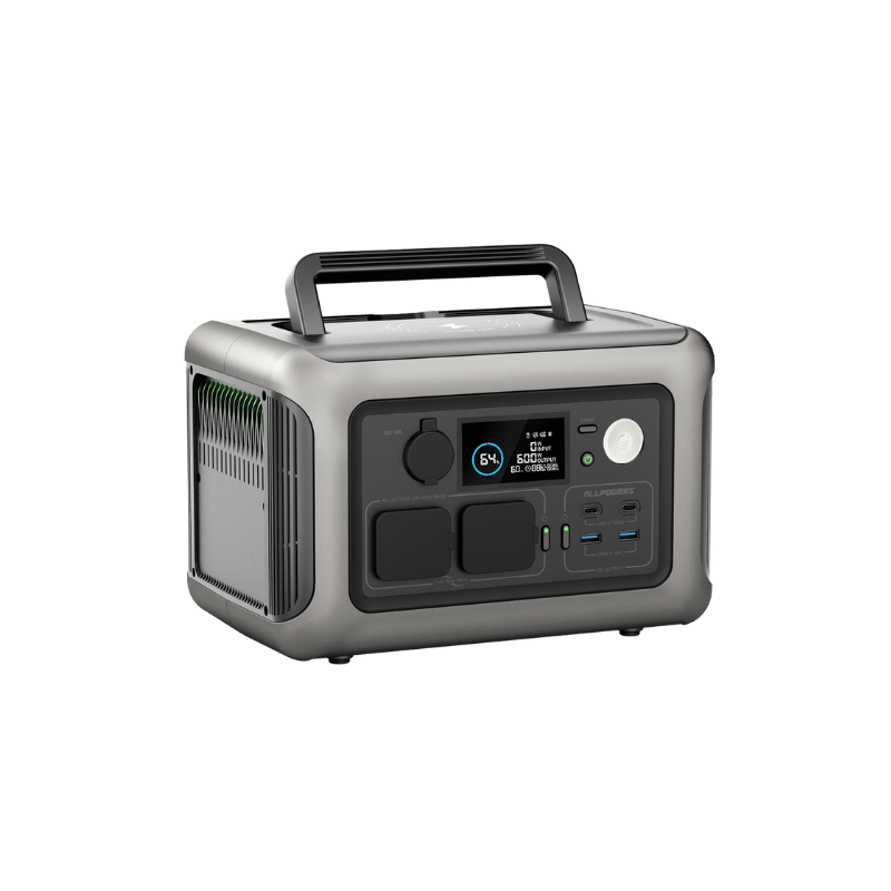 ALLPOWERS R600 side view showing 400W fast AC input and solar charging ports for emergency power.