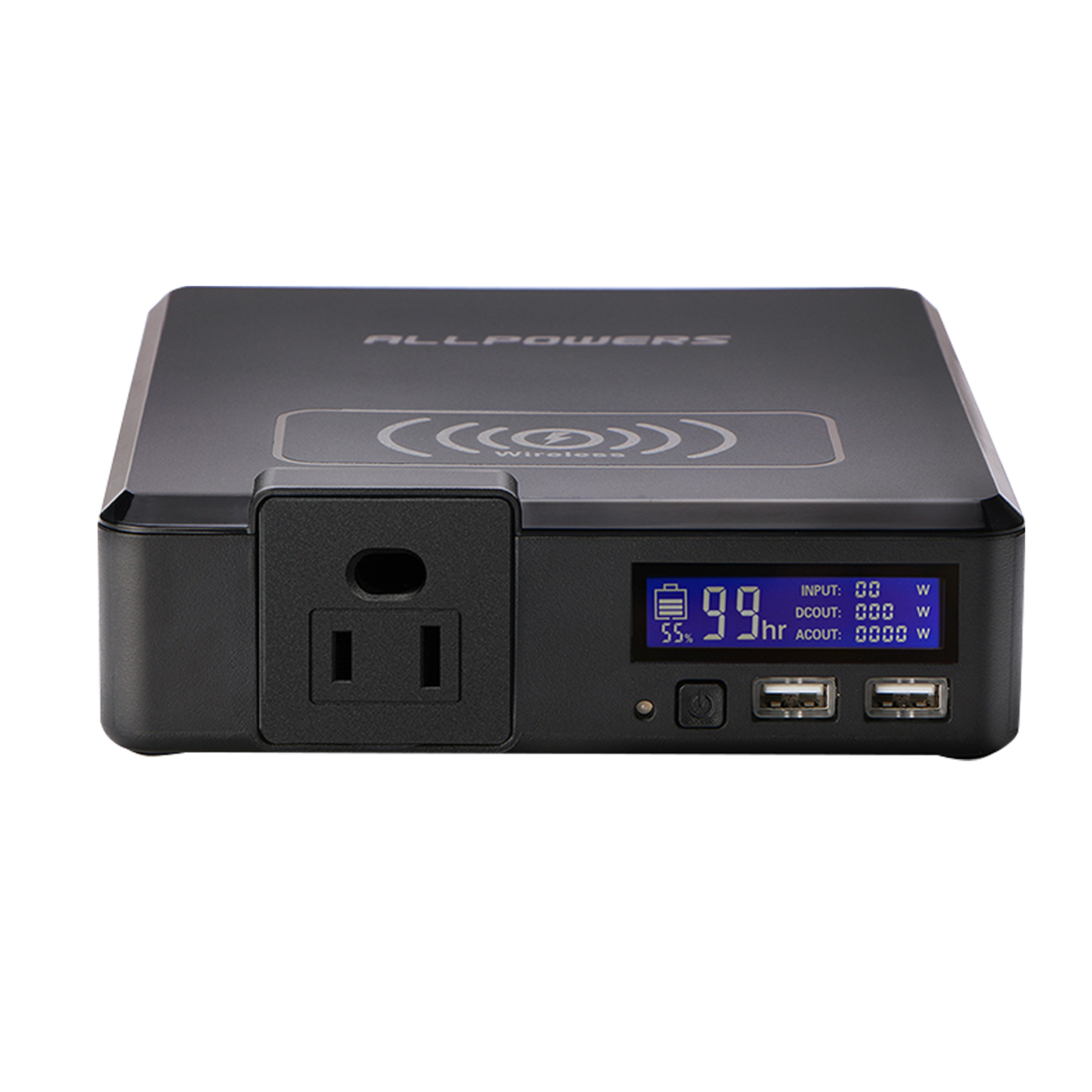 ALLPOWERS S200 side view showing AC outlet and USB ports for charging laptops and gadgets.