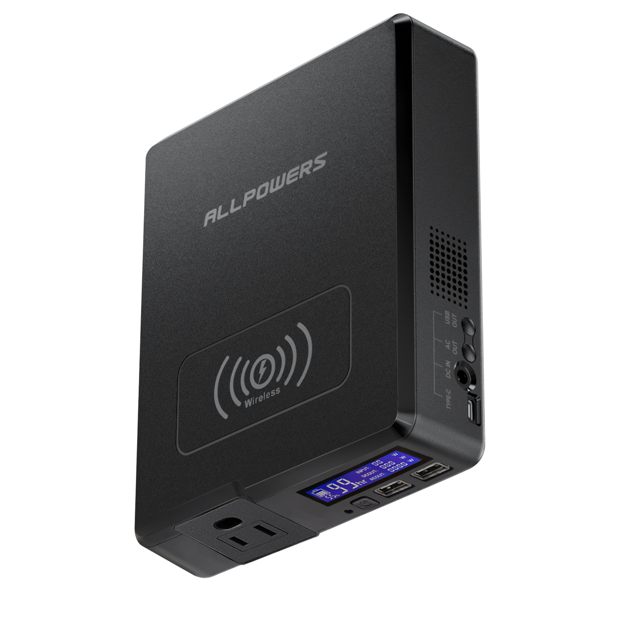 Top view of ALLPOWERS S200 featuring 15W wireless charging pad for cable-free smartphone power.