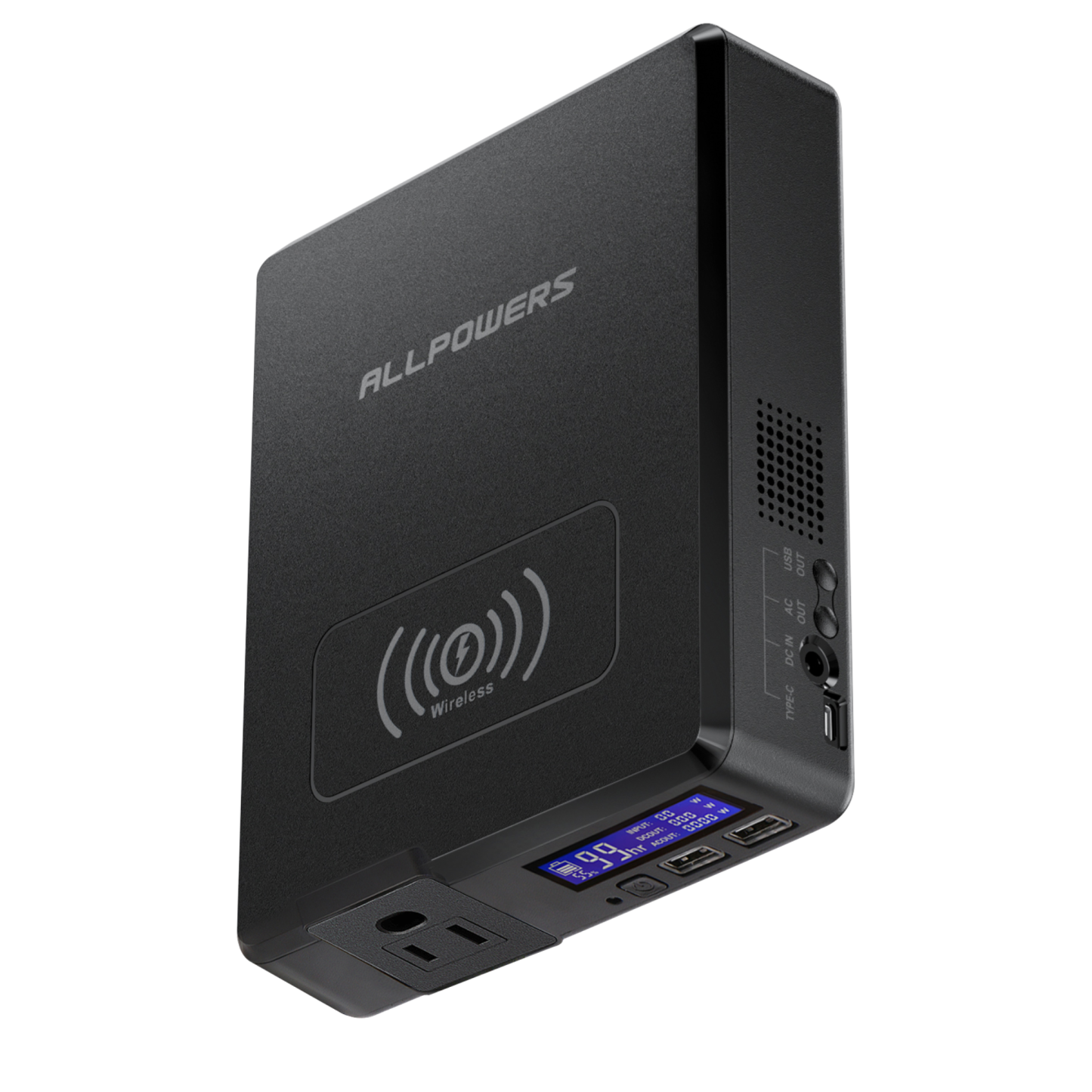 Top view of ALLPOWERS S200 featuring 15W wireless charging pad for cable-free smartphone power.
