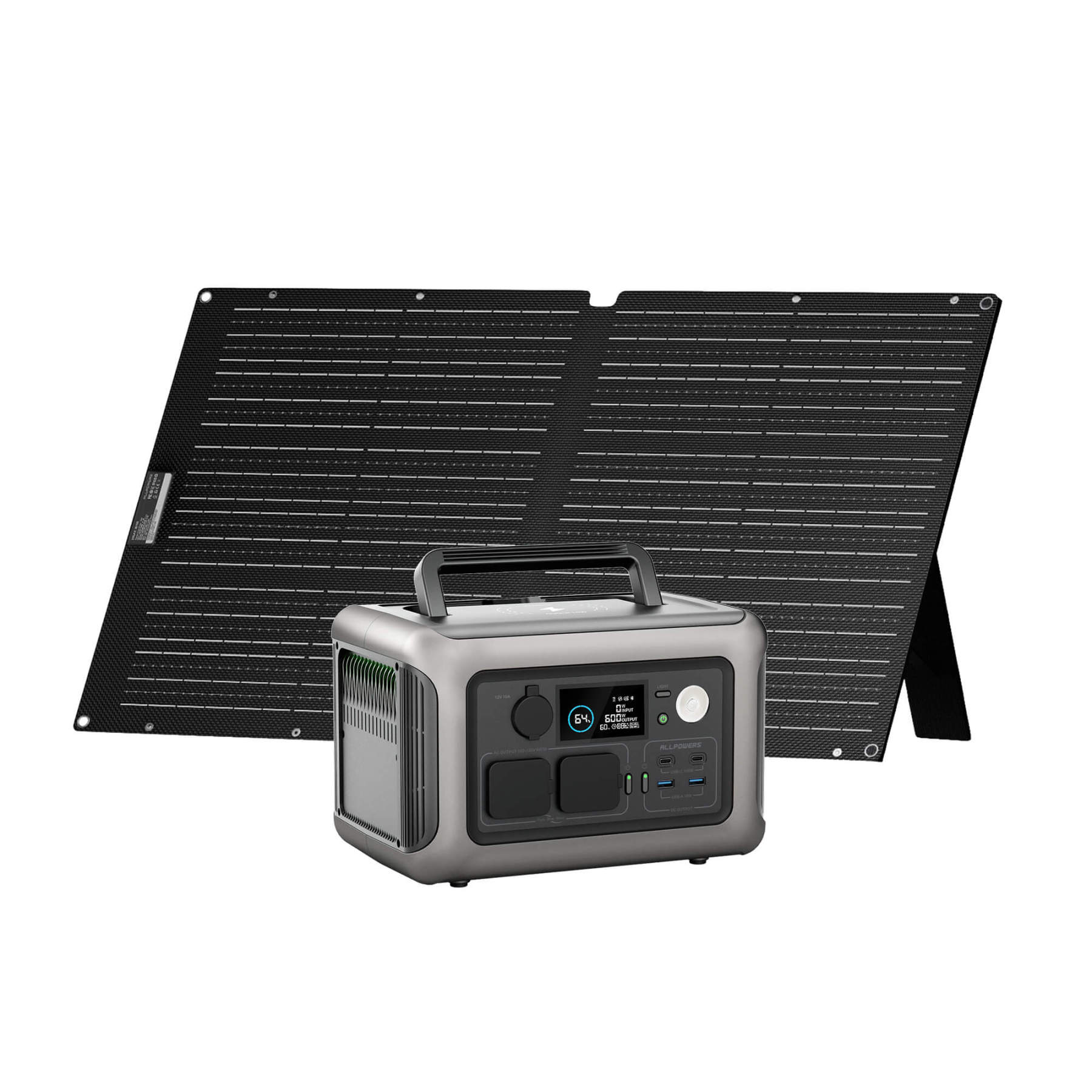 Kit generador solar ALLPOWERS R600 (299Wh) y panel solar plegable SE100 (100W) para camping y emergencia.