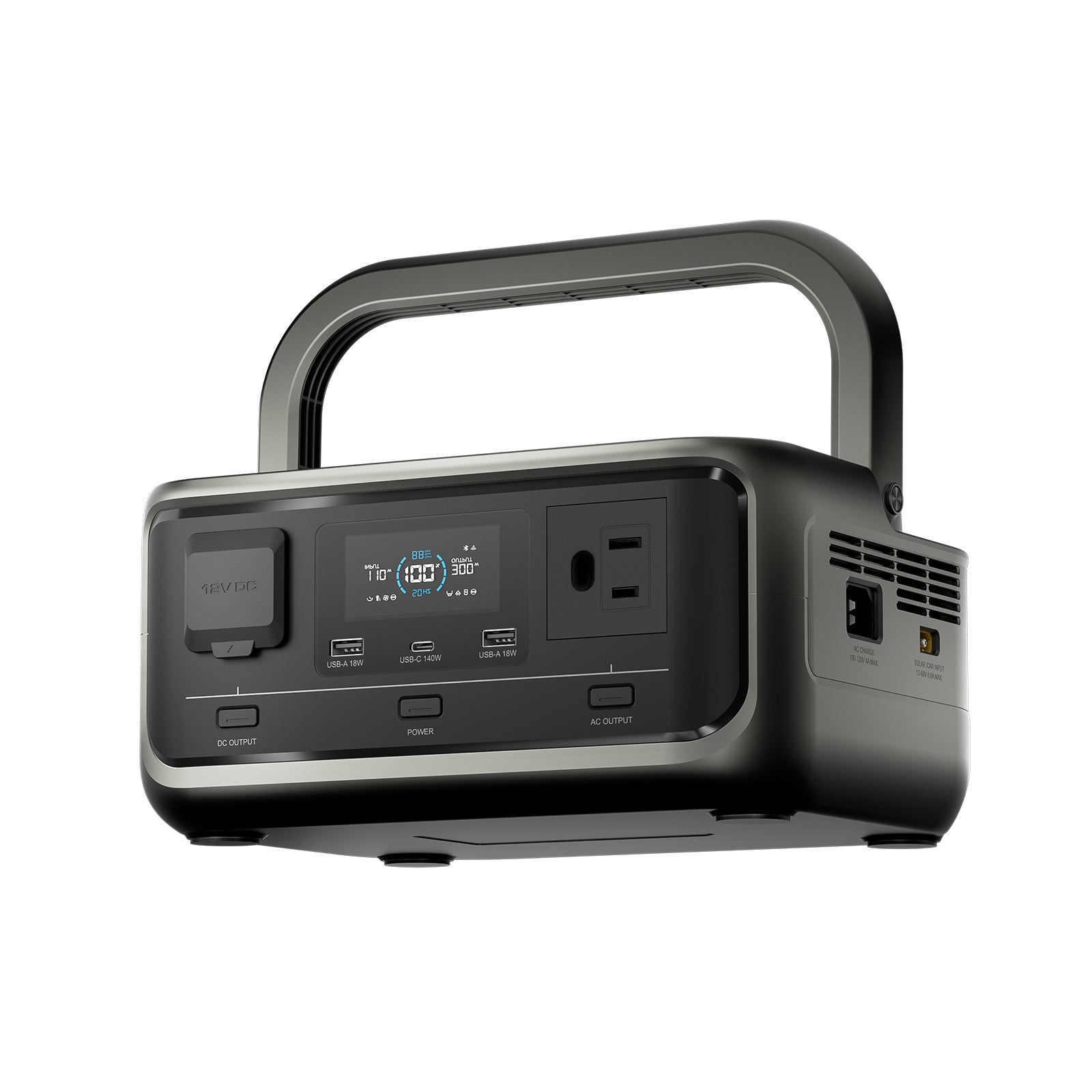 Vista frontal izquierda de la estación de energía ALLPOWERS P300, mostrando los puertos AC y la pantalla digital.