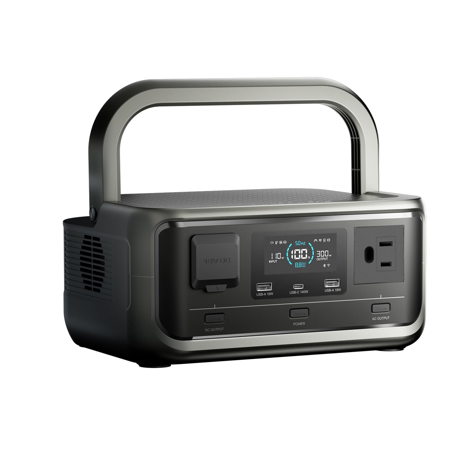 Primer plano del asa ergonómica de la estación ALLPOWERS P300 para facilitar el transporte.