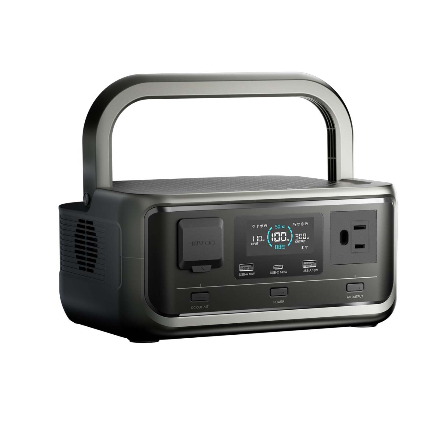 Primer plano del asa ergonómica de la estación ALLPOWERS P300 para facilitar el transporte.