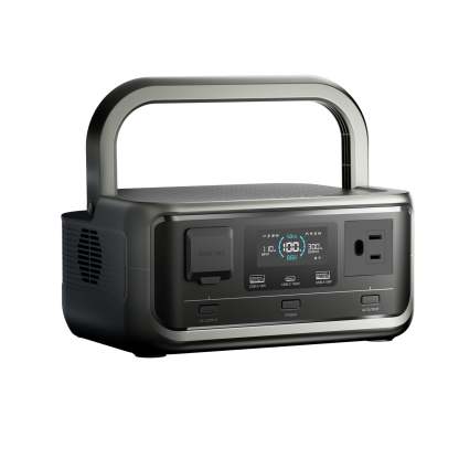 Primer plano del asa ergonómica de la estación ALLPOWERS P300 para facilitar el transporte.