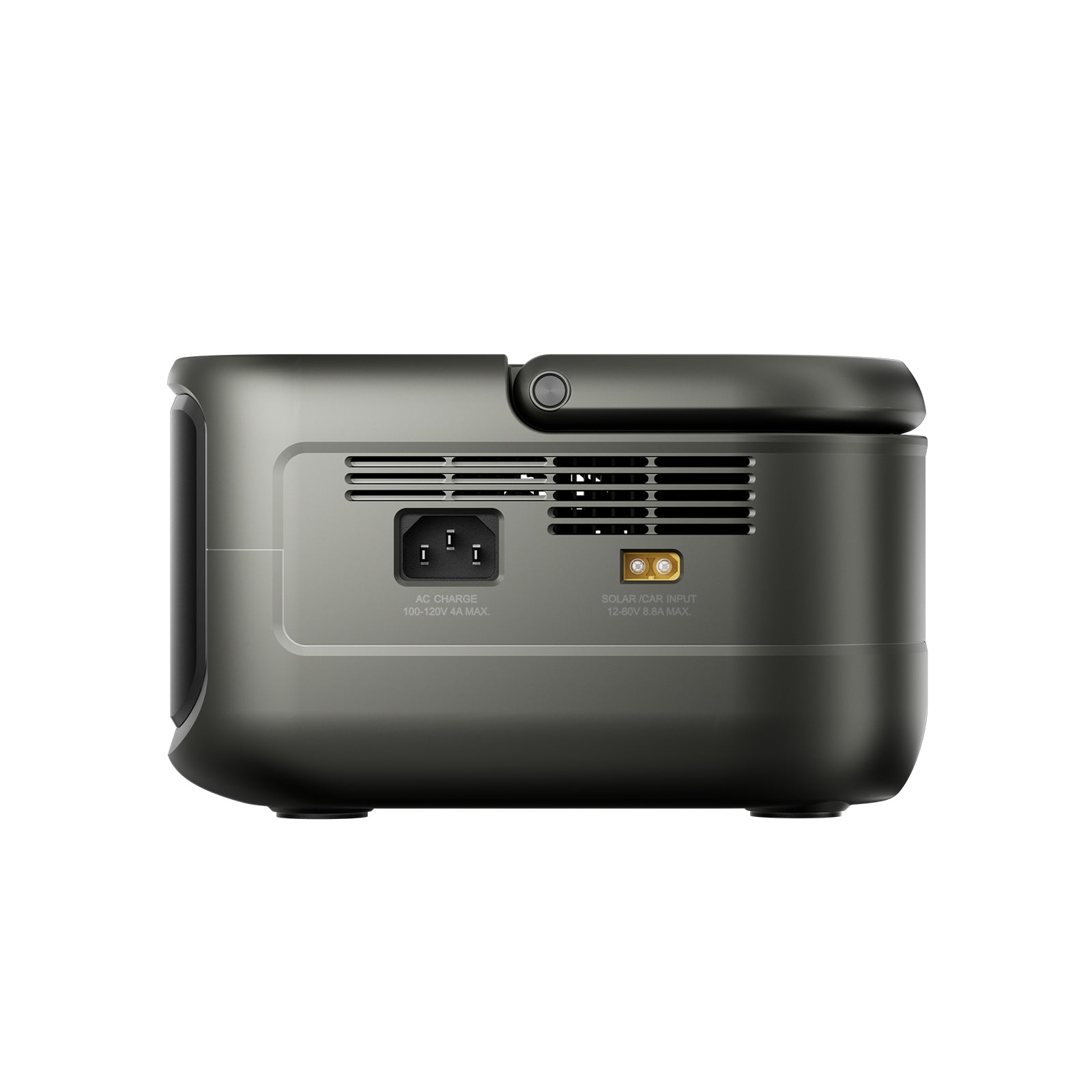 Perfil lateral del generador solar portátil P300, con vista detallada de los puertos de interfaz y su tamaño compacto.