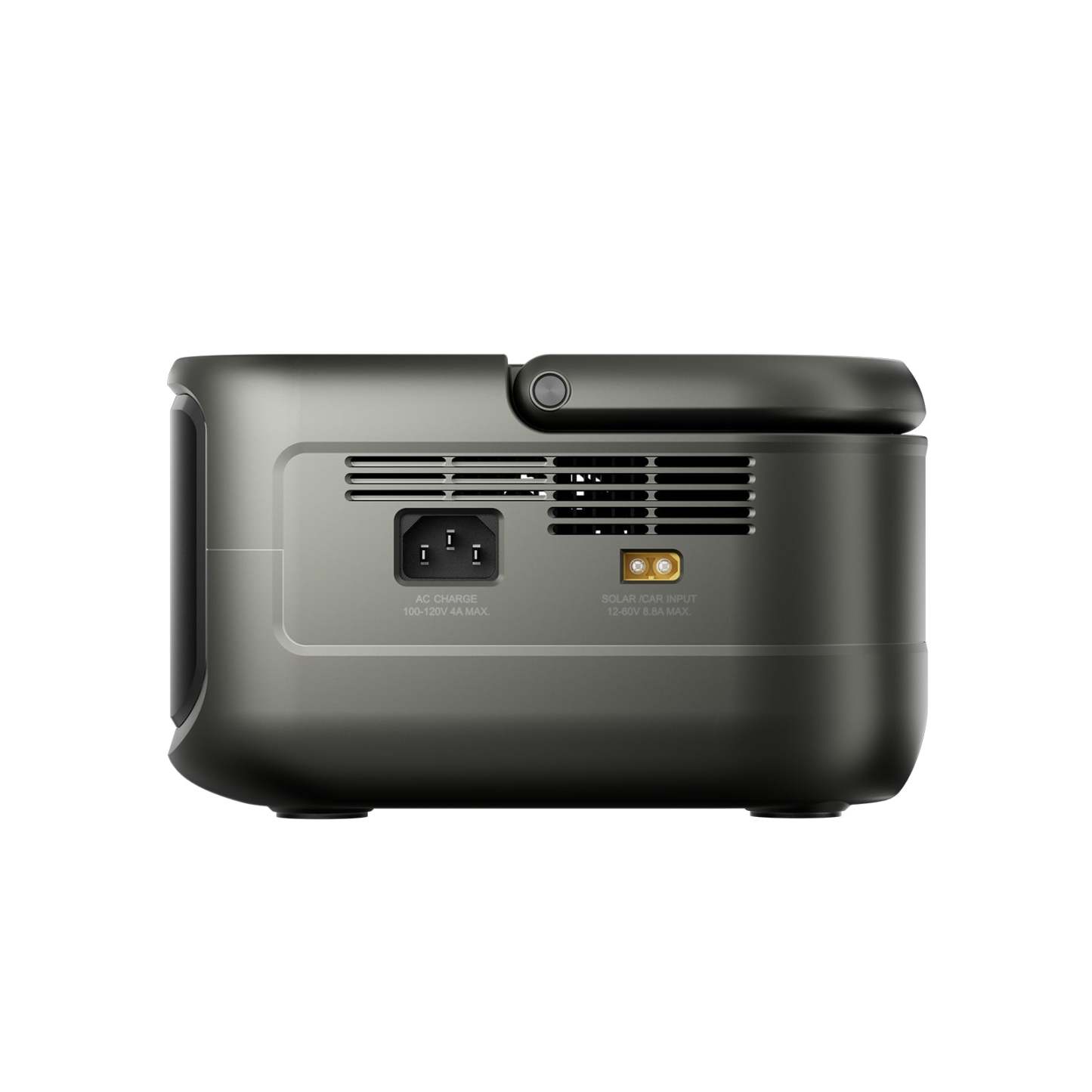 Perfil lateral del generador solar portátil P300, con vista detallada de los puertos de interfaz y su tamaño compacto.