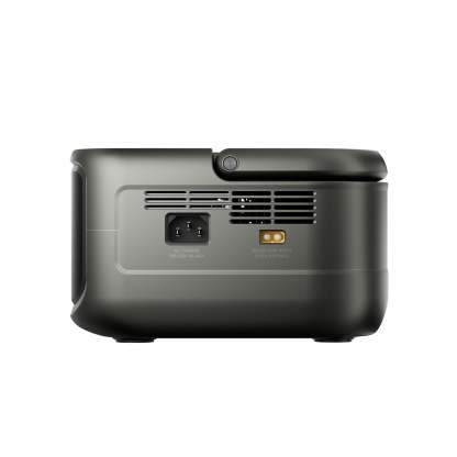 Perfil lateral del generador solar portátil P300, con vista detallada de los puertos de interfaz y su tamaño compacto.