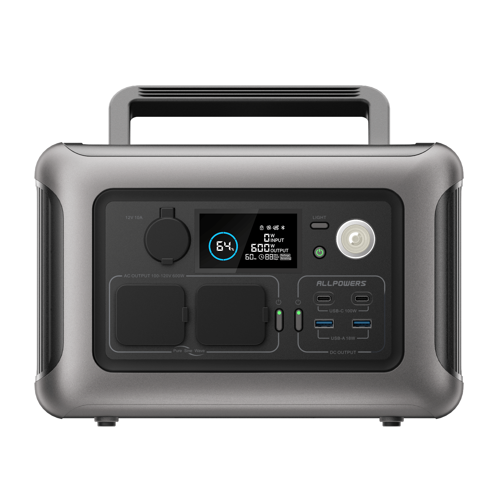 Vista frontal del generador solar R600 mostrando la pantalla LCD con el estado de la carga ultra rápida de 400W.