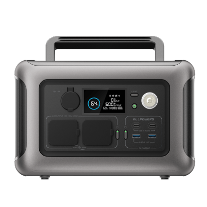 Vista frontal del generador solar R600 mostrando la pantalla LCD con el estado de la carga ultra rápida de 400W.