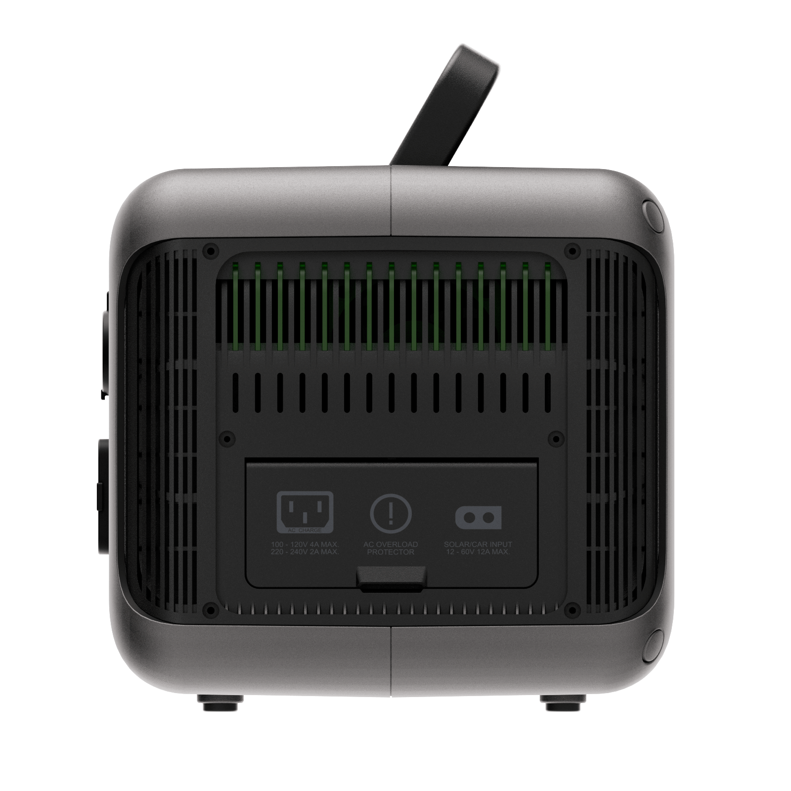 Perfil lateral de la batería LiFePO4 ALLPOWERS R600, notando las rejillas de ventilación y el puerto de entrada solar.