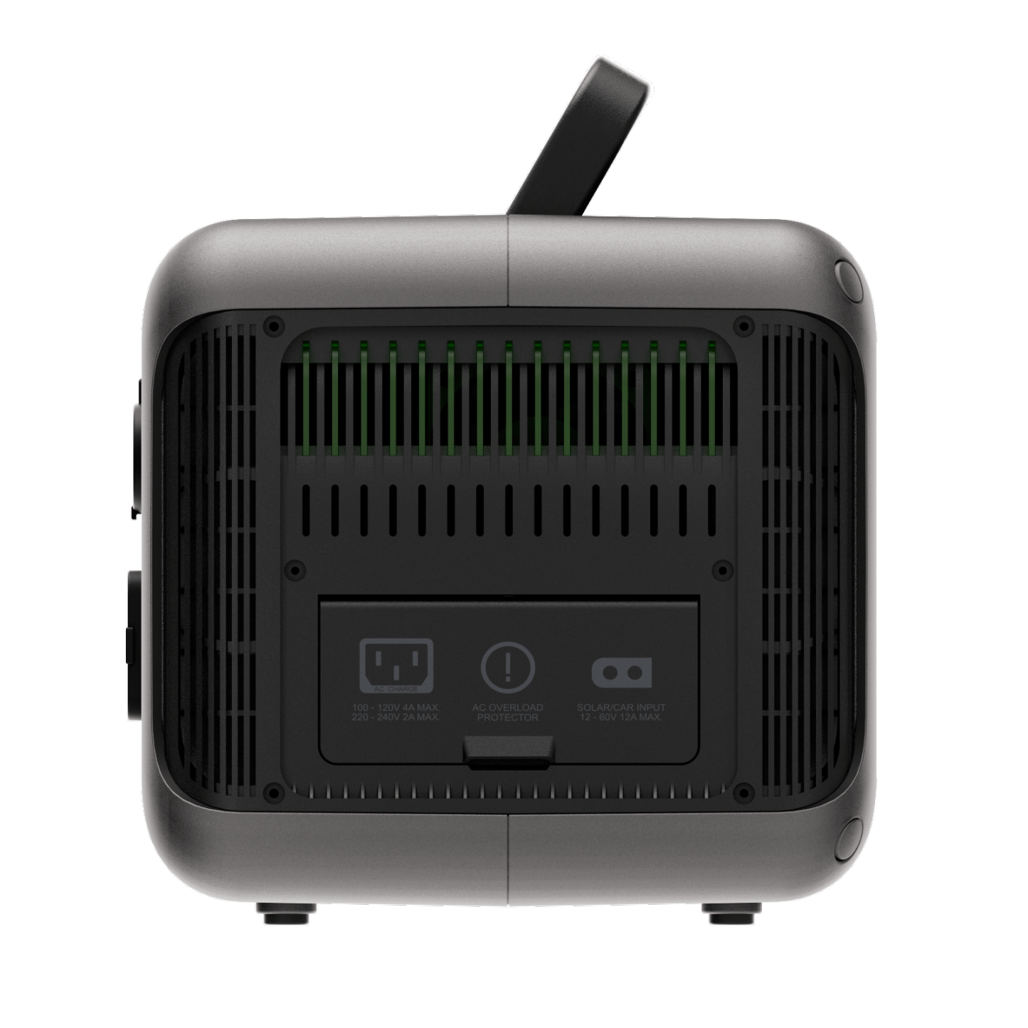 Perfil lateral de la batería LiFePO4 ALLPOWERS R600, notando las rejillas de ventilación y el puerto de entrada solar.