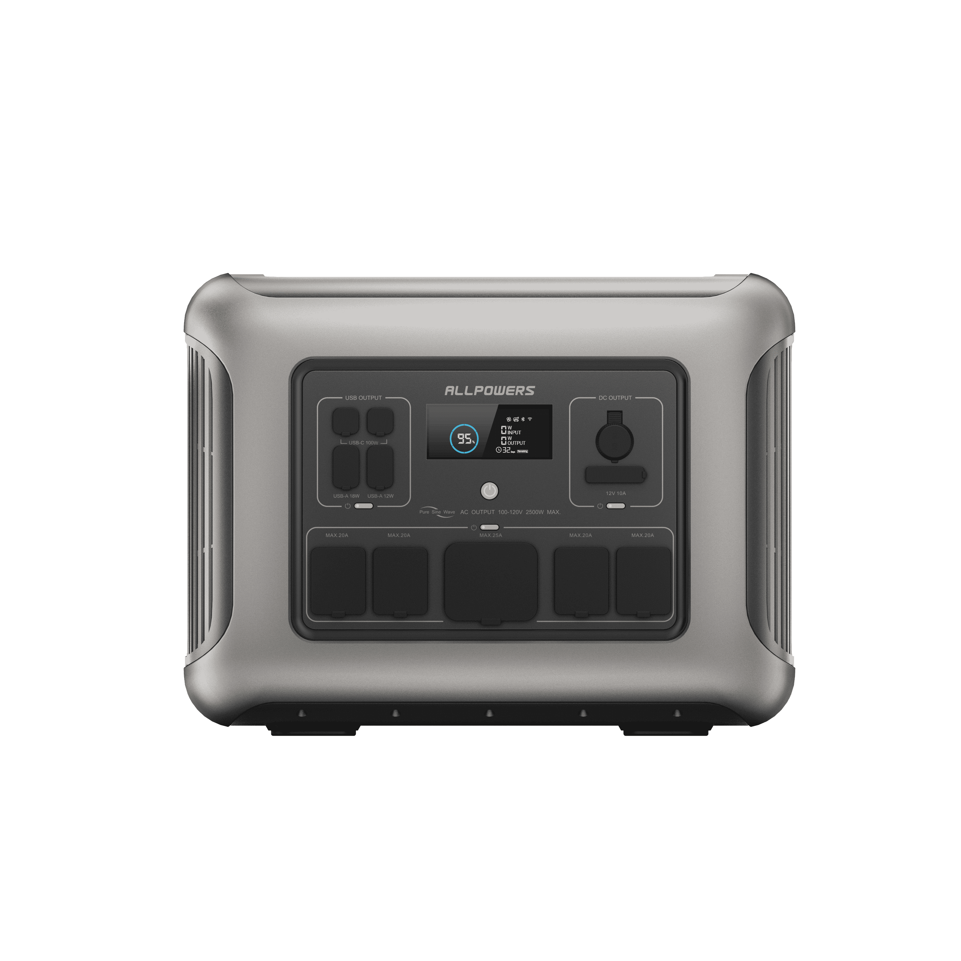R2500 - Vista frontal con todos los puertos de salida. Incluye 4*CA, 4*USB-A y 2*USB-C para cargar múltiples dispositivos.