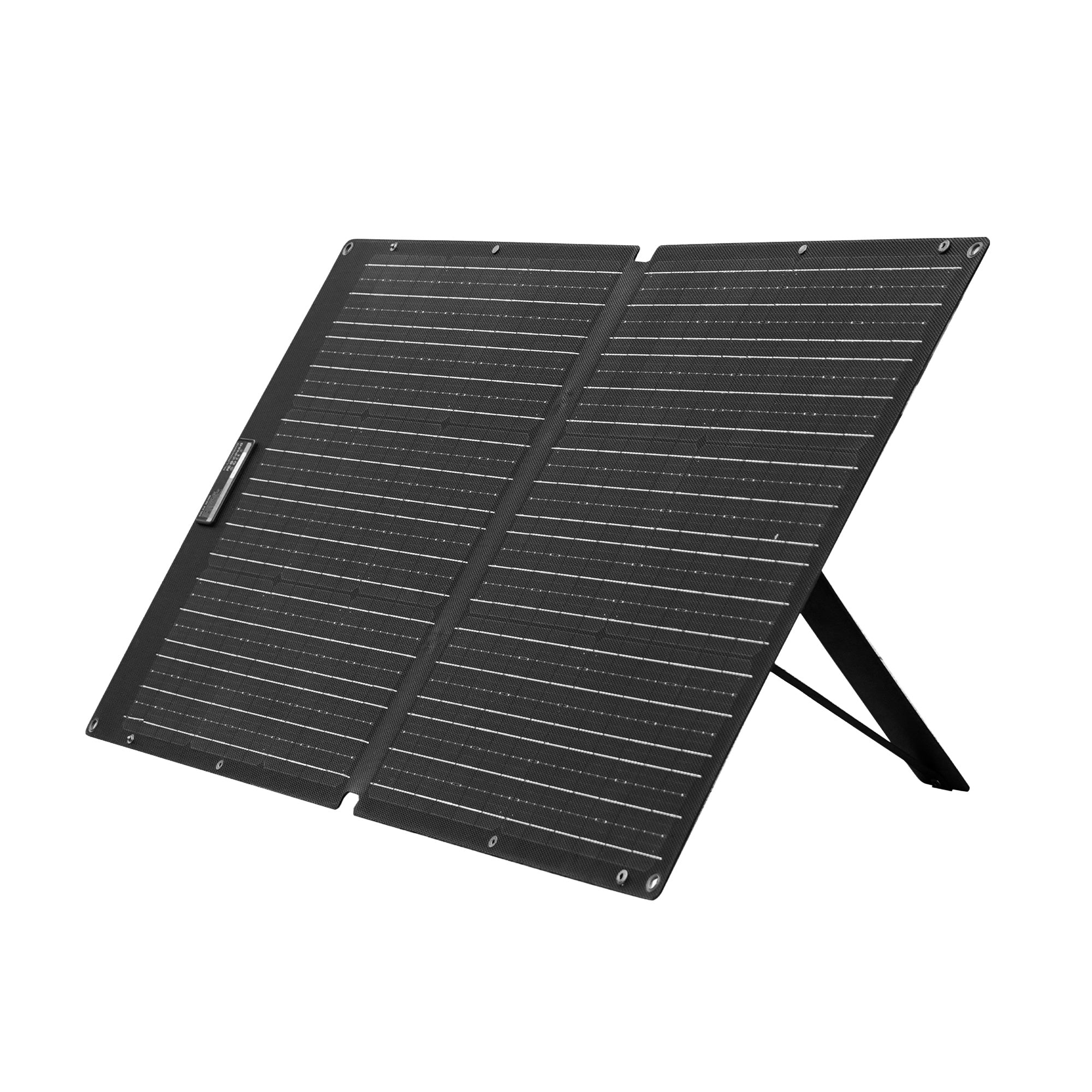 Panel solar plegable SOLAX SE100 de 100W, completamente desplegado y listo para cargar.