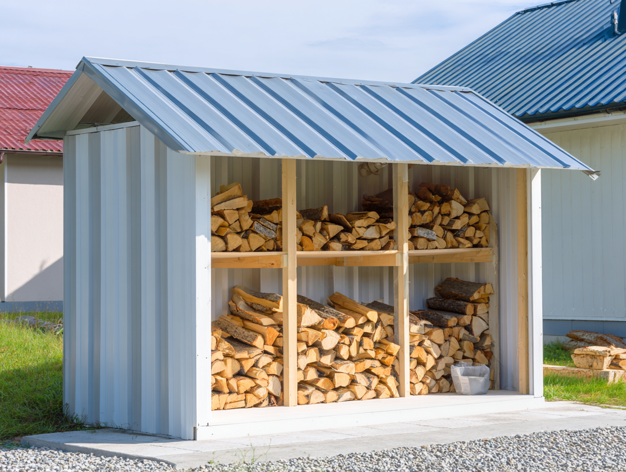 Outdoor firewood storage shed metal 180x70x170cm - light grey - garden use - open front weather protection design-Placidara