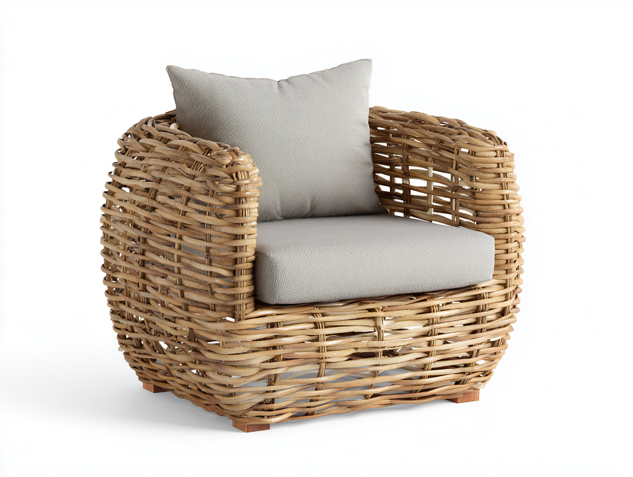 Wicker Armchair with Cushion Upholstered 82x80 x78cm - Natural wood colour/Beige - Living Garden AND Outdoor Classic Design-Luxeene