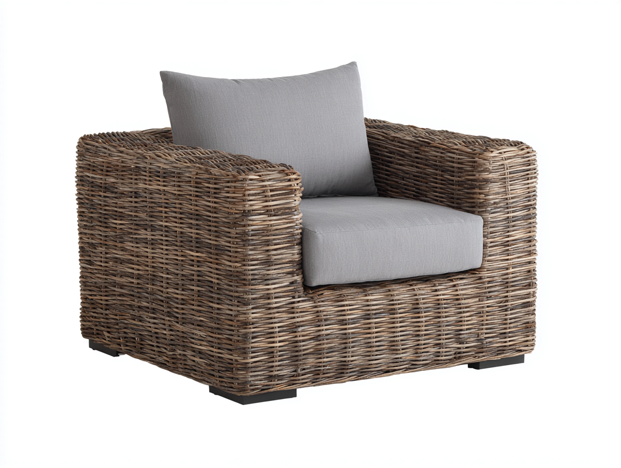 Wicker Armchair with Cushion Upholstered 82x80 x78cm - Natural Brown/Grey - Living Garden And Outdoor Natural Style-Luxeene