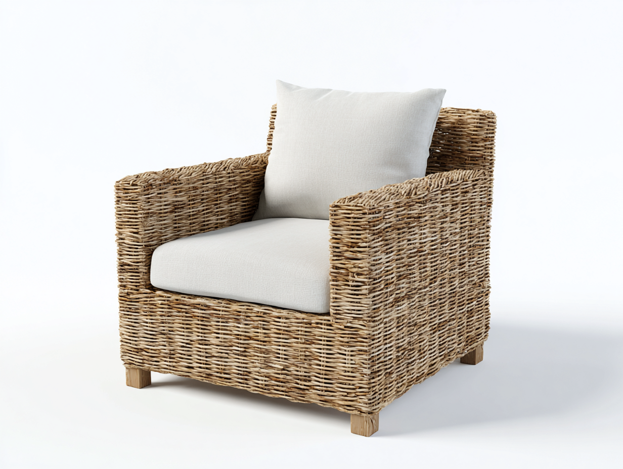 Wicker armchair with cushion upholstered 76x78 x74cm - natural/light beige - suitable for outdoor use - natural style-Luxeene