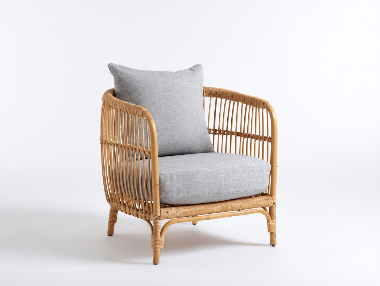 Wicker Armchair with Cushion Upholstered 70x72 x80cm - Natural/Grey - Living Garden AND Outdoor Natural Style-Luxeene