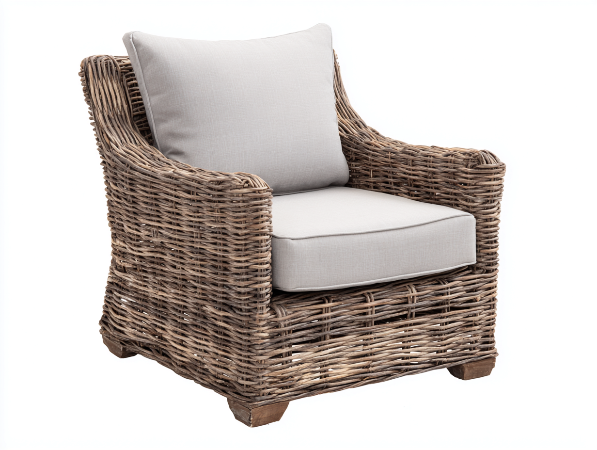 Wicker Armchair with Cushion Upholstered 80x78 x76cm - Natural/Light Grey - Classic Design-Luxeene