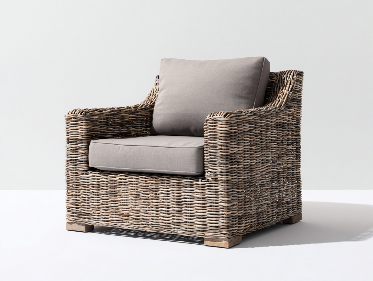 Wicker Armchair with Cushion Upholstered 82x80 x78cm - Light natural wood colour/Grey - Living Garden Natural Style-Luxeene