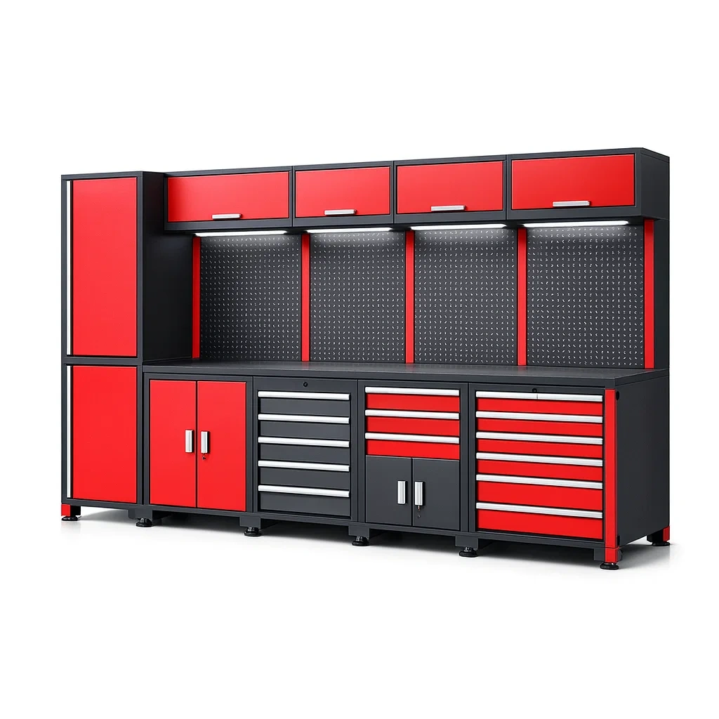Garage modular storage system Steel with Workbench and Drawers in Red and Black-furonix
