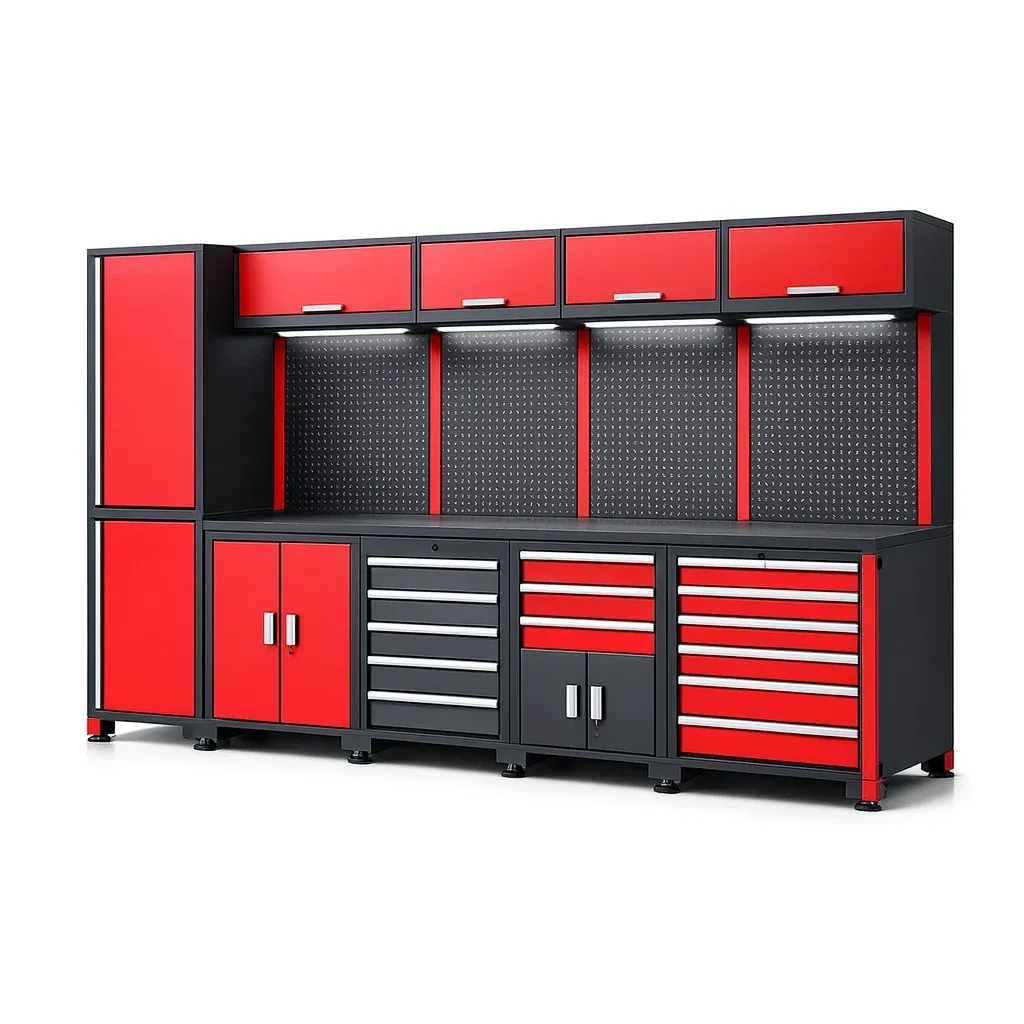 Garage modular storage system Steel with Workbench and Drawers in Red and Black-furonix