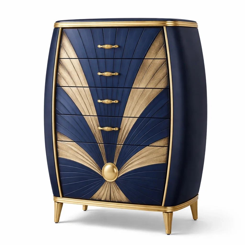 Drawer cabinet Five-Drawer Blue and Gold Wooden Chest-furonix