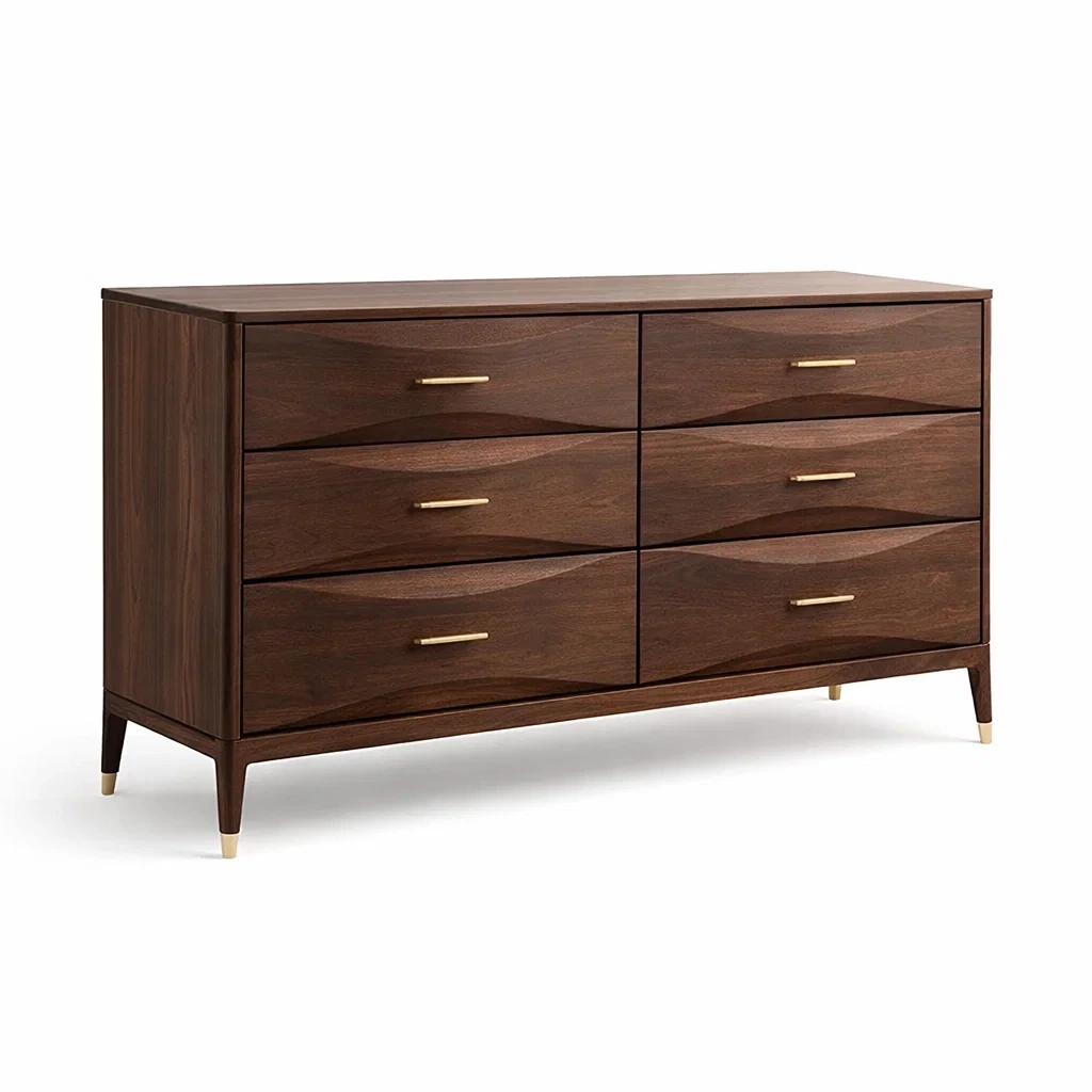 Drawer cabinet Walnut Wood Six Drawer with Brass Handles-furonix