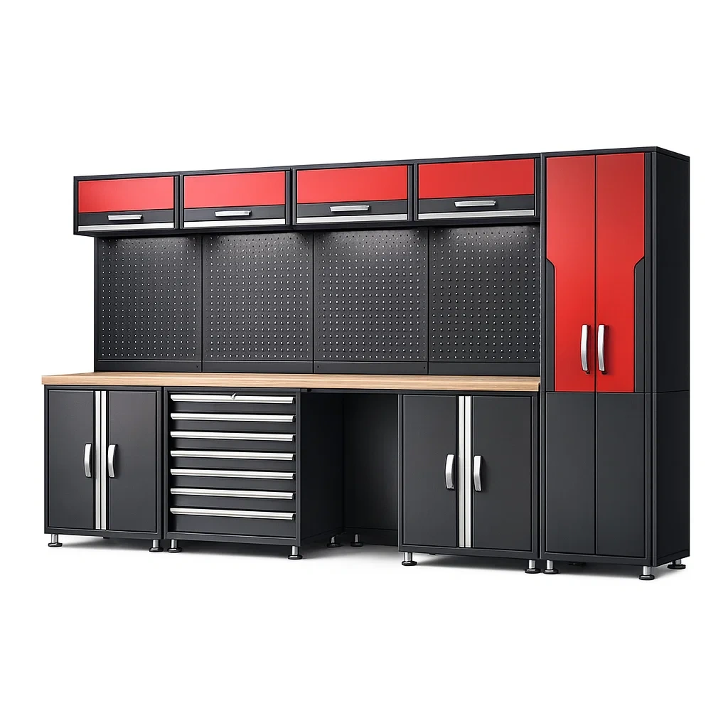 Garage modular storage system Workbench Tool Storage with Black and Red Steel and Wood Top-furonix