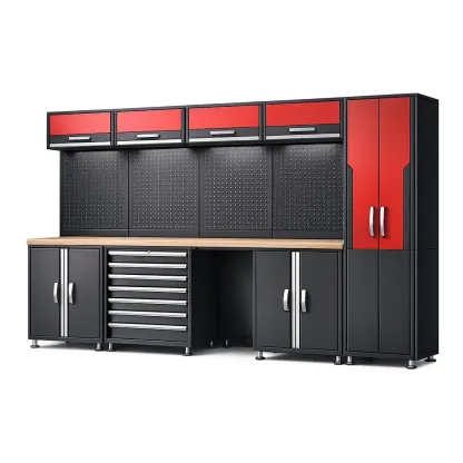 Garage modular storage system Workbench Tool Storage with Black and Red Steel and Wood Top-furonix