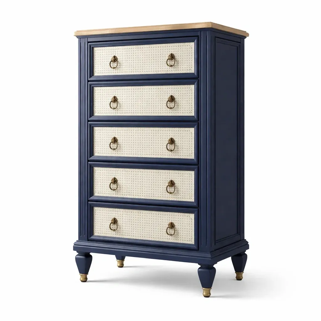 Drawer cabinet Blue MDF and Rattan Tall Boy with Brass Handles-furonix