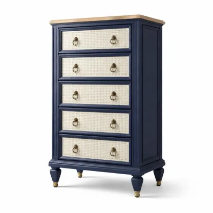 Drawer cabinet Blue MDF and Rattan Tall Boy with Brass Handles-furonix