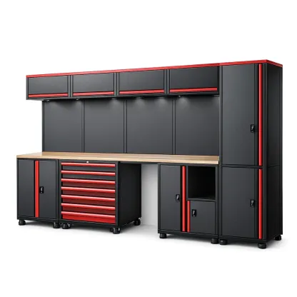Garage modular storage system Black/Red Steel Workbench with Storage Cabinets and Drawers-furonix