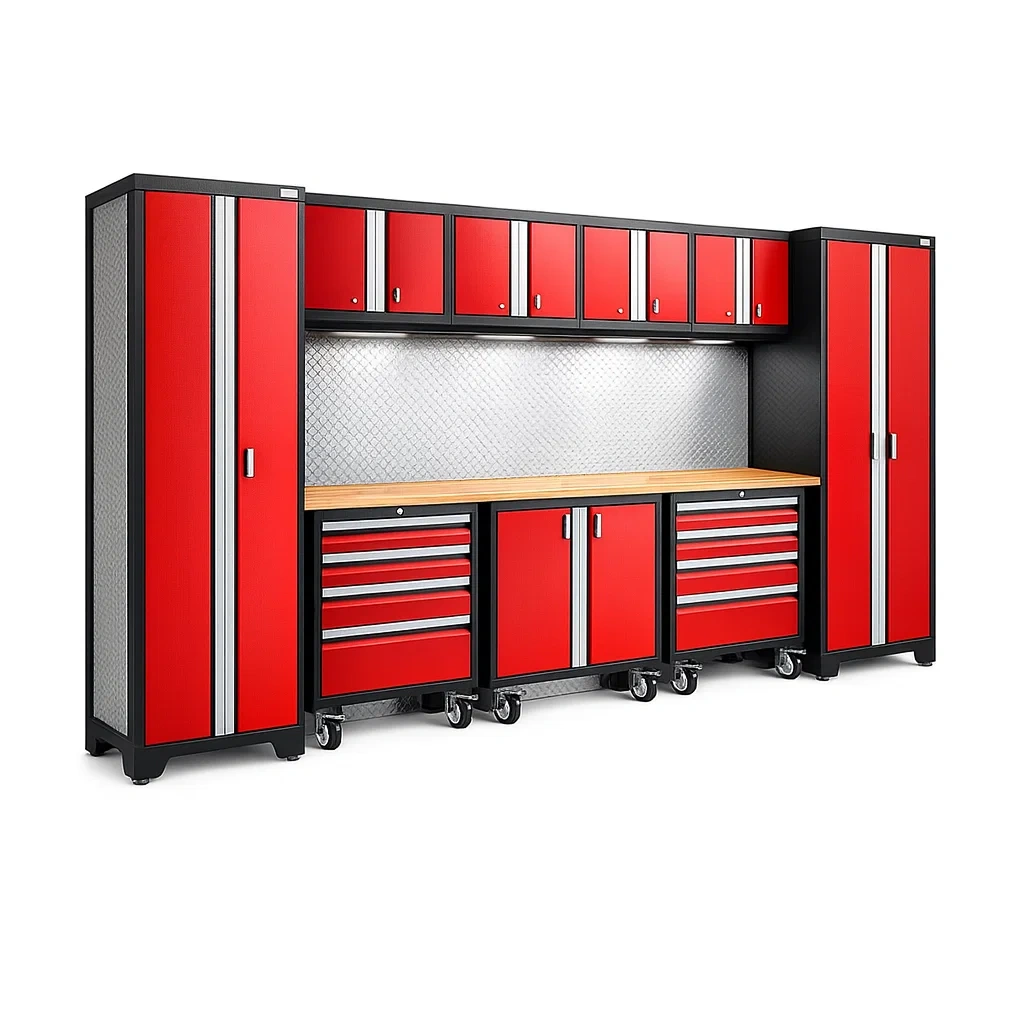 Garage modular storage system Red Steel with Workbench and Adjustable Shelves-furonix