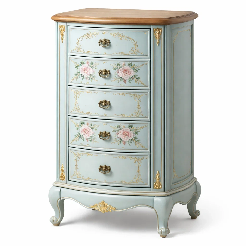 Drawer cabinet Blue Wooden Five-Drawer with Floral Design-furonix
