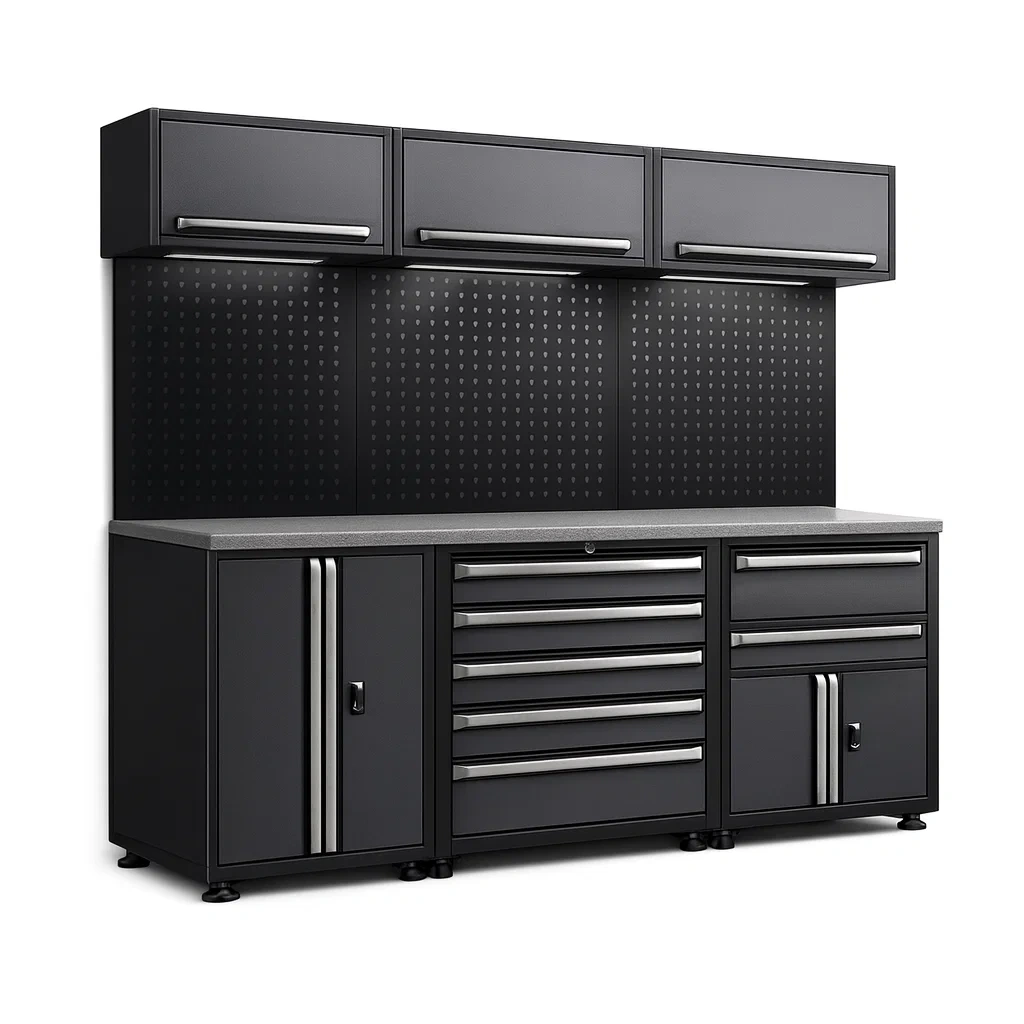 Garage modular storage system Black Steel Workbench Tool Storage with Pegboard and Drawers-furonix