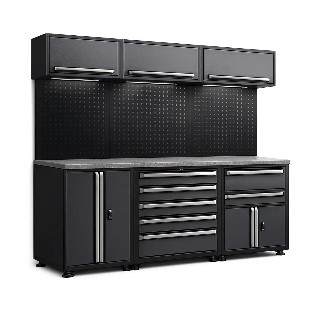 Garage modular storage system Black Steel Workbench Tool Storage with Pegboard and Drawers-furonix