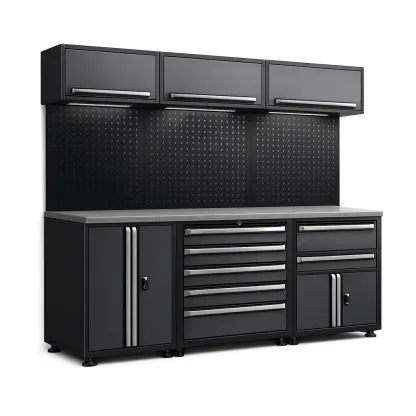 Garage modular storage system Black Steel Workbench Tool Storage with Pegboard and Drawers-furonix