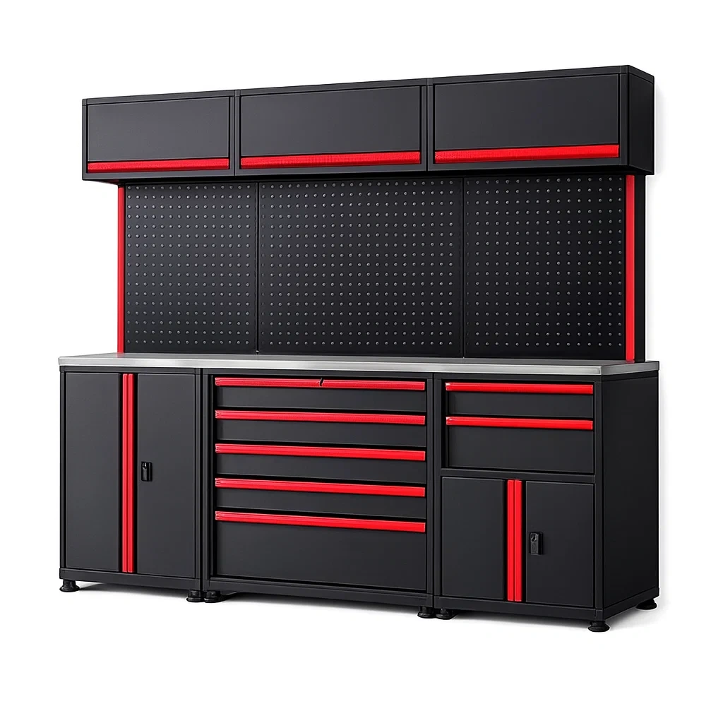 Garage modular storage system Black/Red Steel Workshop with Pegboard and Drawers-furonix