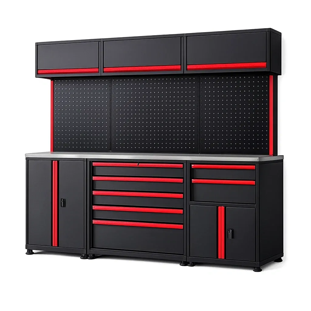 Garage modular storage system Black/Red Steel Workshop with Pegboard and Drawers-furonix