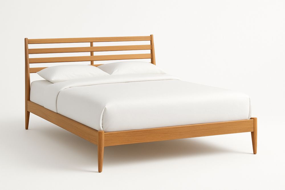 Oak Wood Platform Bed Frame with Slatted Headboard Queen Size Natural Finish